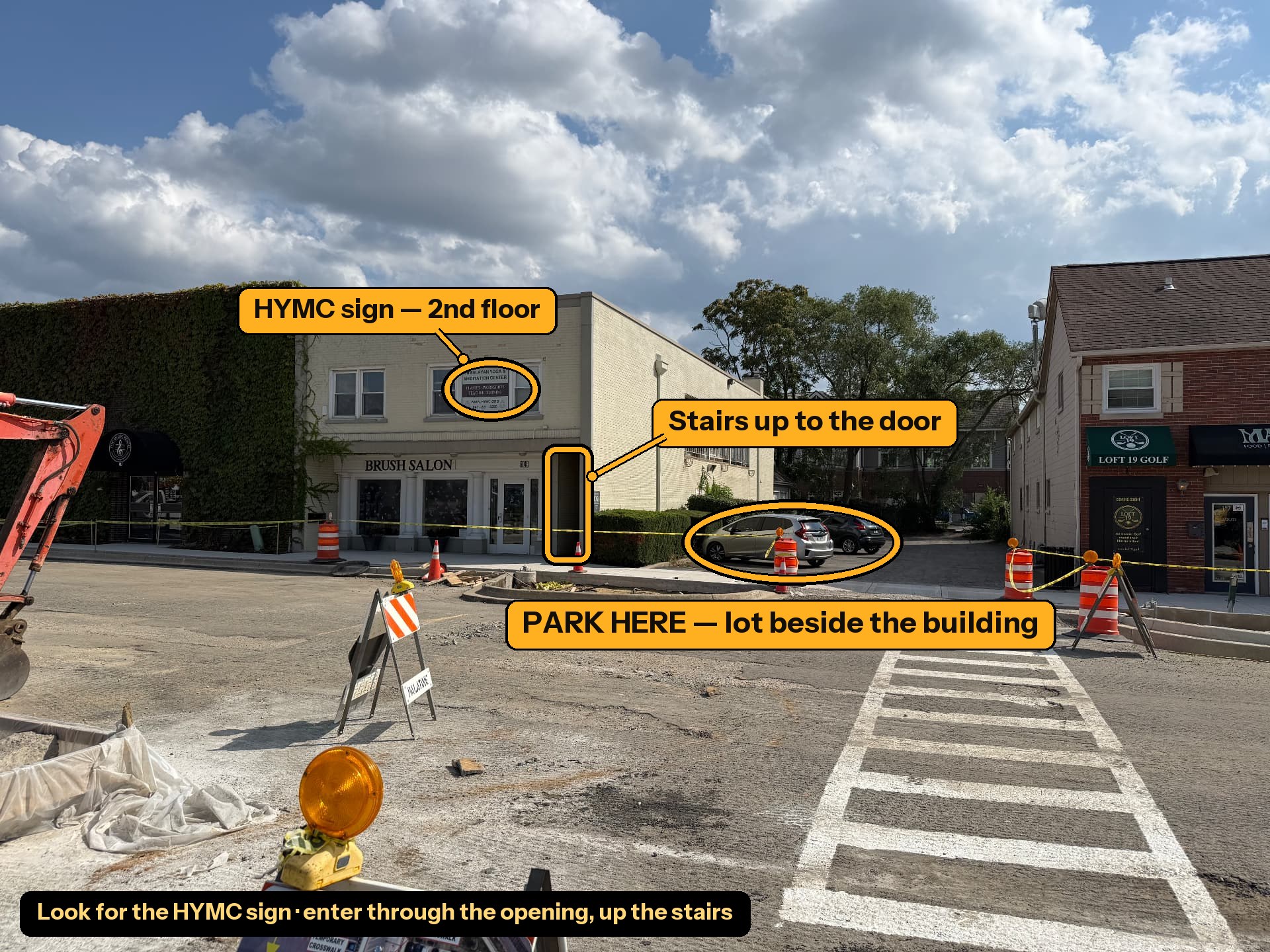Annotated street view of the Himalayan Yoga and Meditation Center building with the parking spots, second-floor HYMC sign, and staircase opening circled.
