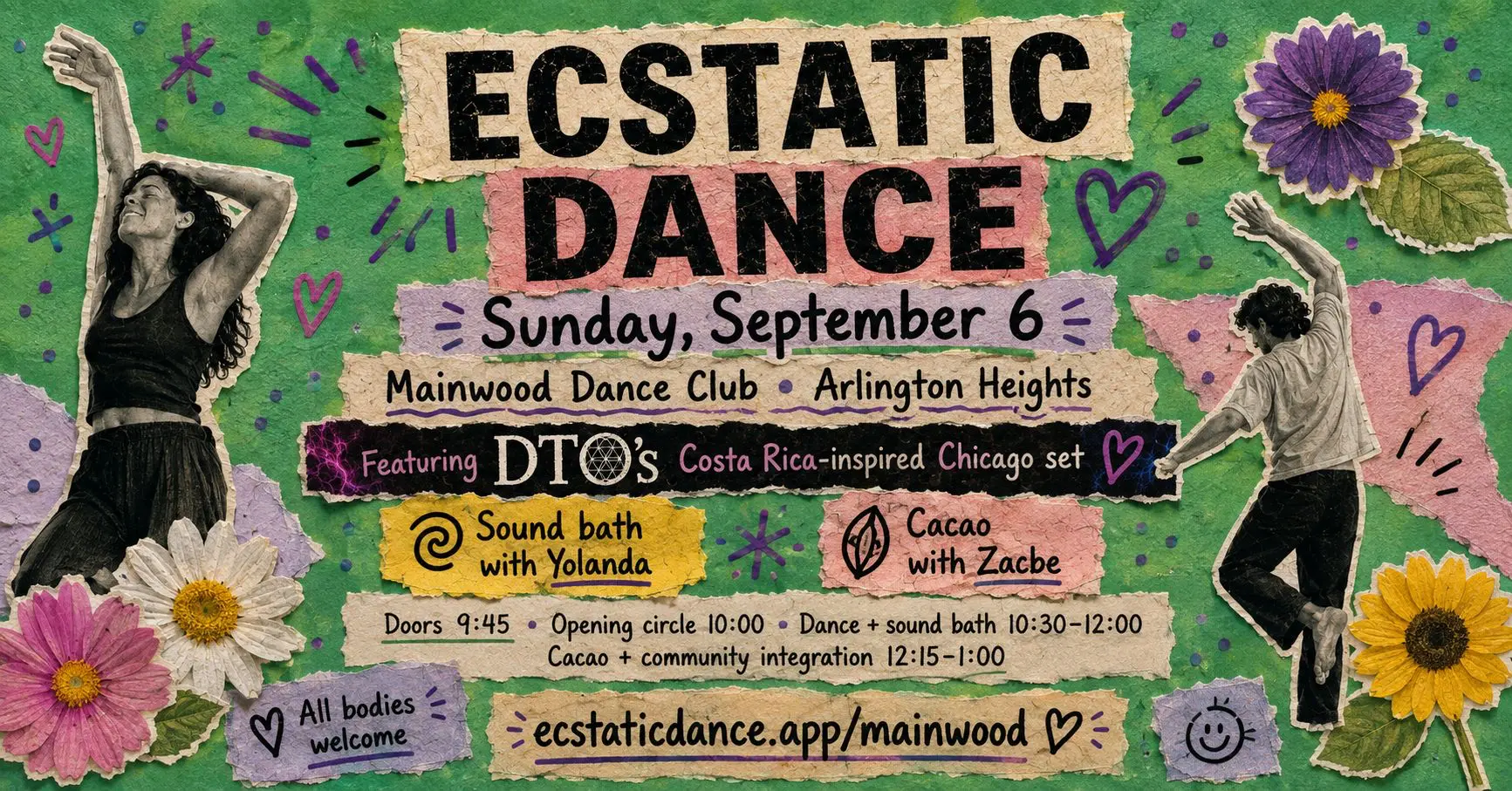 Flyer: Ecstatic Dance, Sunday September 6 at Mainwood Dance Club, Arlington Heights, featuring DTO's Costa Rica-inspired Chicago set