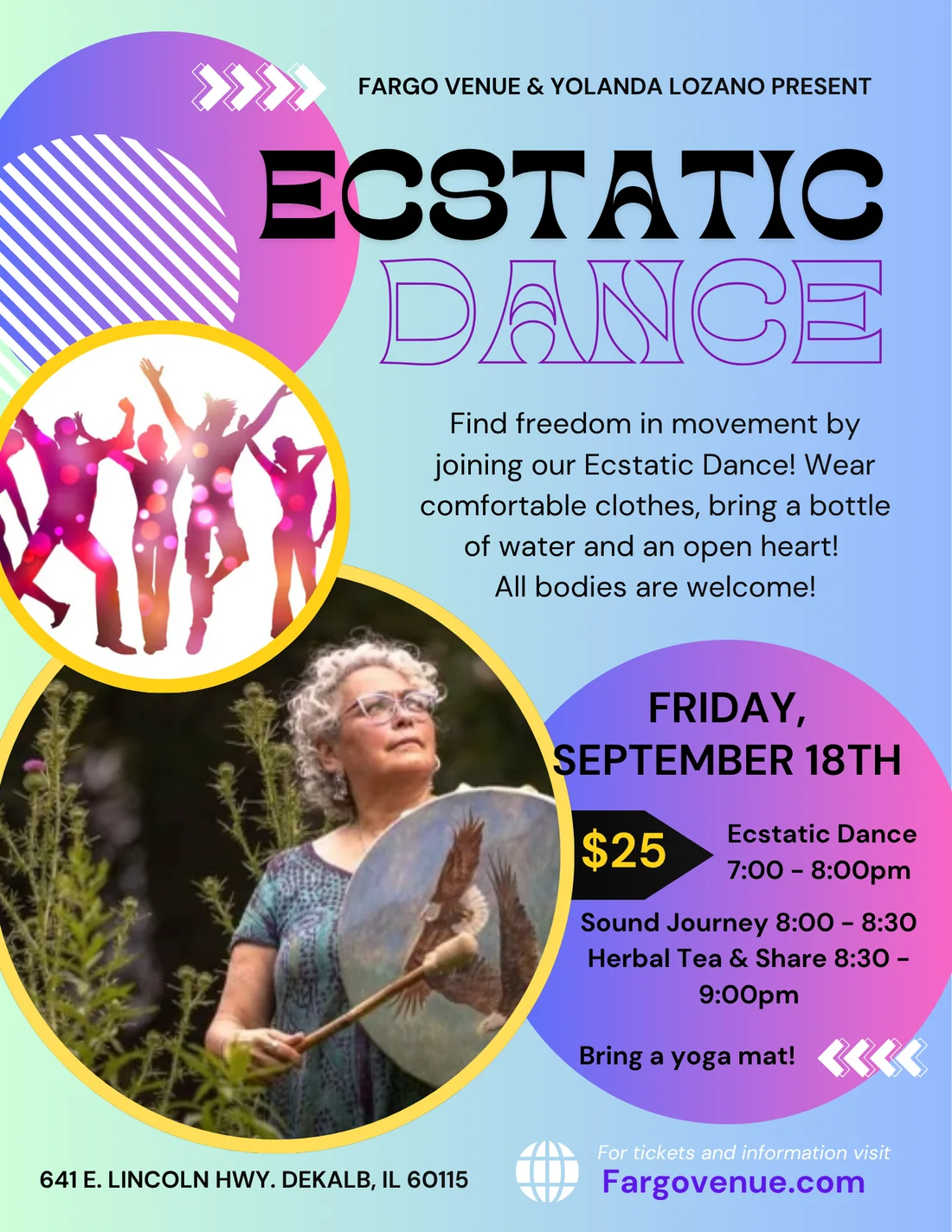 Flyer for Ecstatic Dance at Fargo Venue on Friday, September 18th, 7–9 PM, $25, with Yolanda Lozano