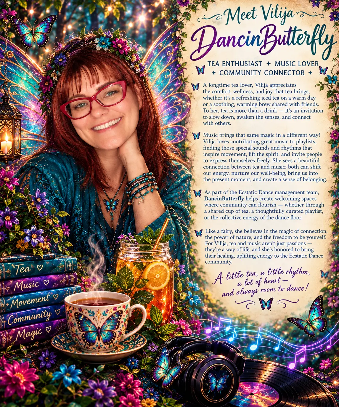 Illustrated profile card of Vilija as DancinButterfly, with fairy wings, tea, books and music