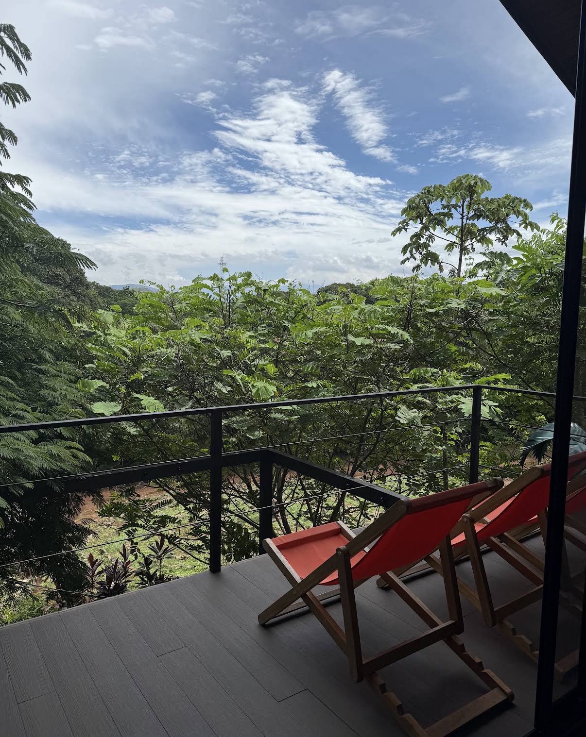 Deck chairs on a balcony looking out over the jungle valley