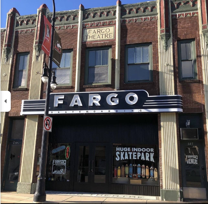 Fargo Venue storefront in DeKalb — a brick building with a black FARGO marquee over glass doors