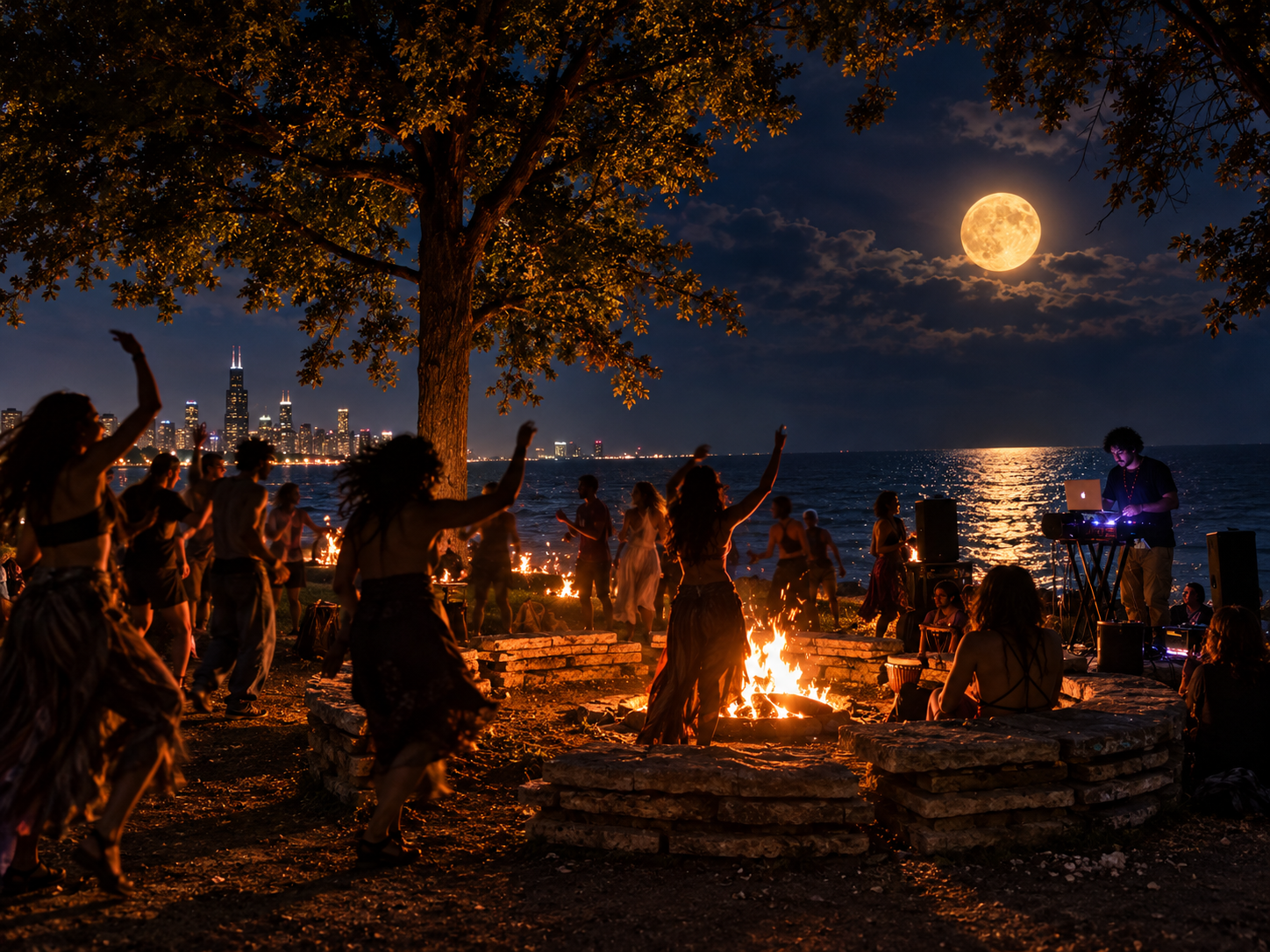 Dancers moving around a lakefront bonfire at Promontory Point under a full moon, with the Chicago skyline behind them
