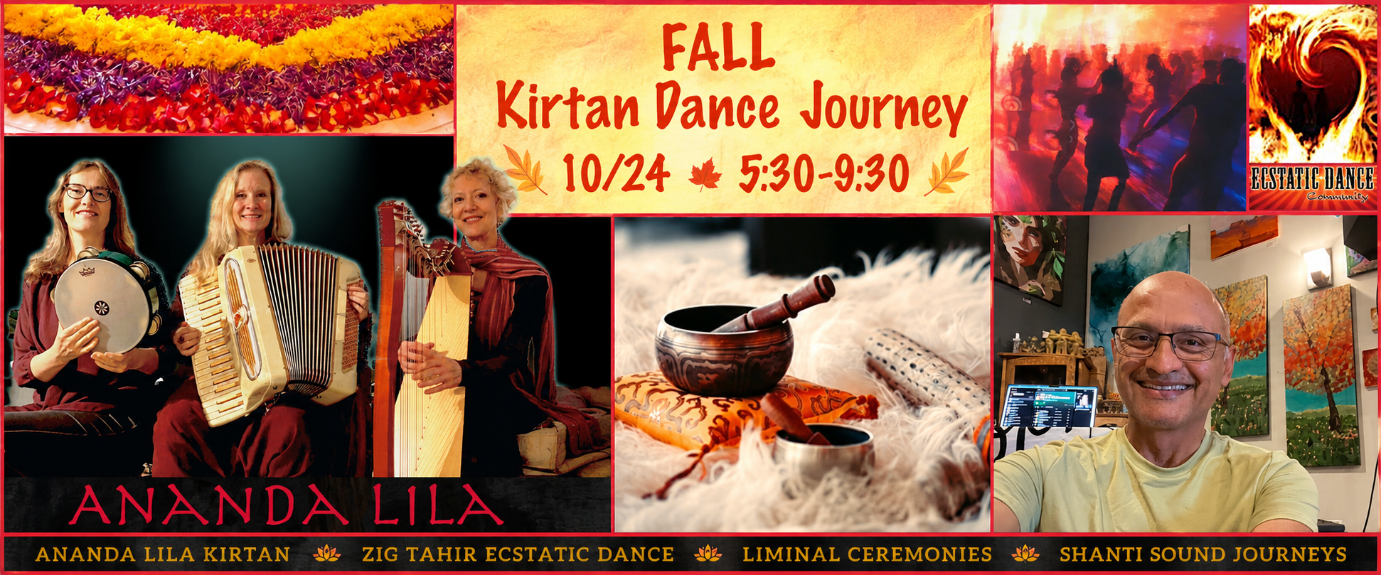 Flyer for TURNING, a fall kirtan and ecstatic dance journey on October 24: the Ananda Lila musicians with accordion, harp and frame drum, singing bowls, and dancers in red light