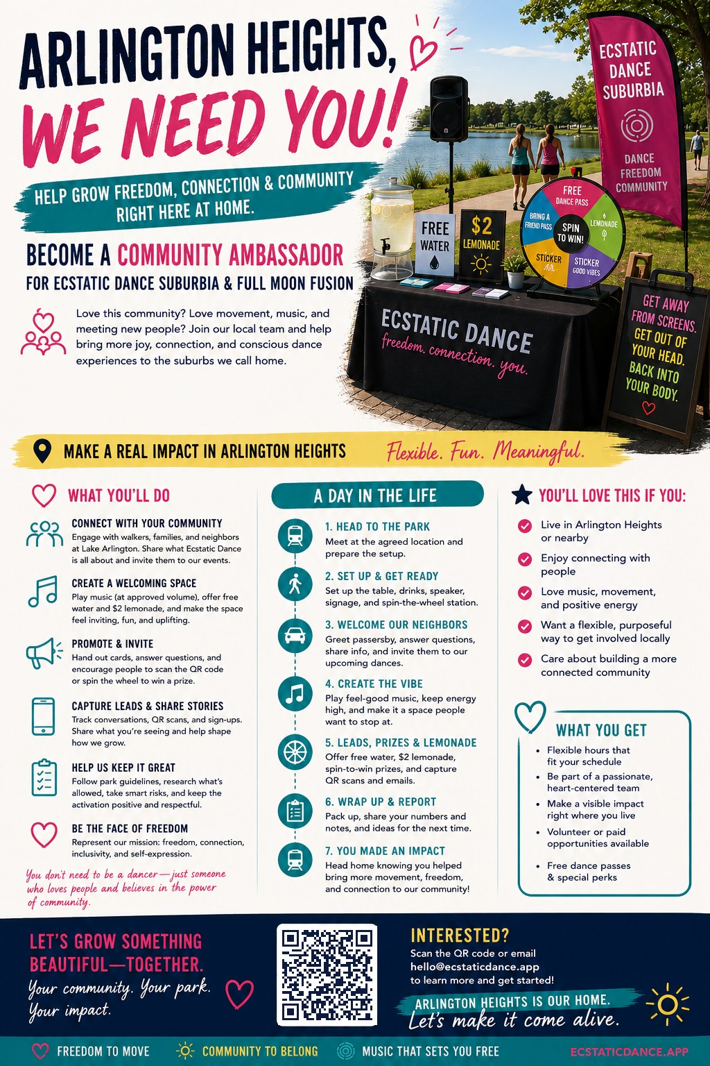 Arlington Heights, we need you! — Community Ambassador poster for Ecstatic Dance Suburbia showing the outreach table at Lake Arlington
