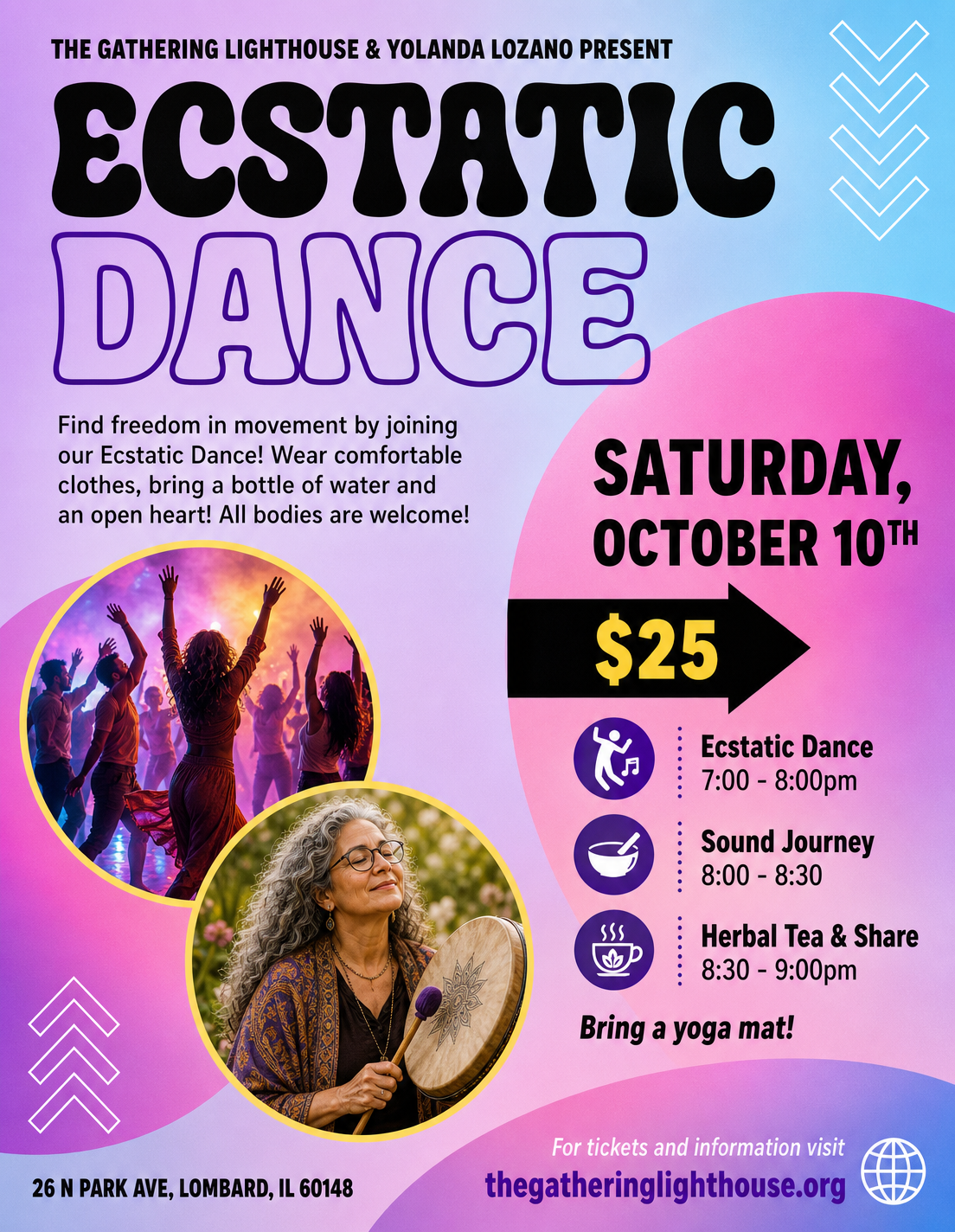 Flyer for Ecstatic Dance at The Gathering Lighthouse on Saturday, October 10th, 7–9 PM, $25, with Yolanda Lozano