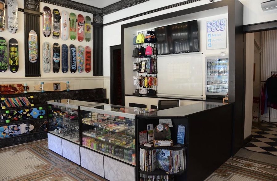 Walk past the skate shop counter