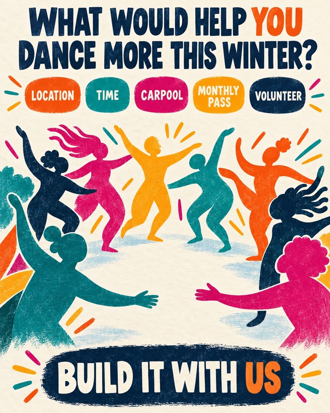 What would help you dance more this winter? Location, time, carpool, monthly pass, volunteer. Build it with us.